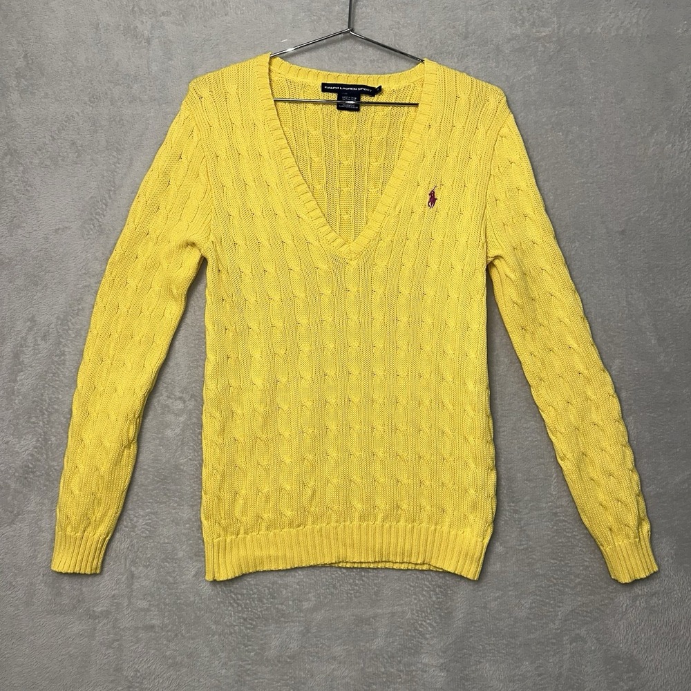 Vtg Ralph Lauren Sport Cable Knit Sweater Women's XL Yellow Low V-Neck Y2K